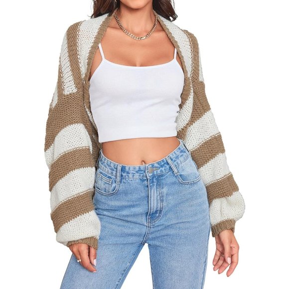 Women's Color Block Striped Open Front Crop Top Long Sleeve Shrug Sweater - Picture 1 of 6